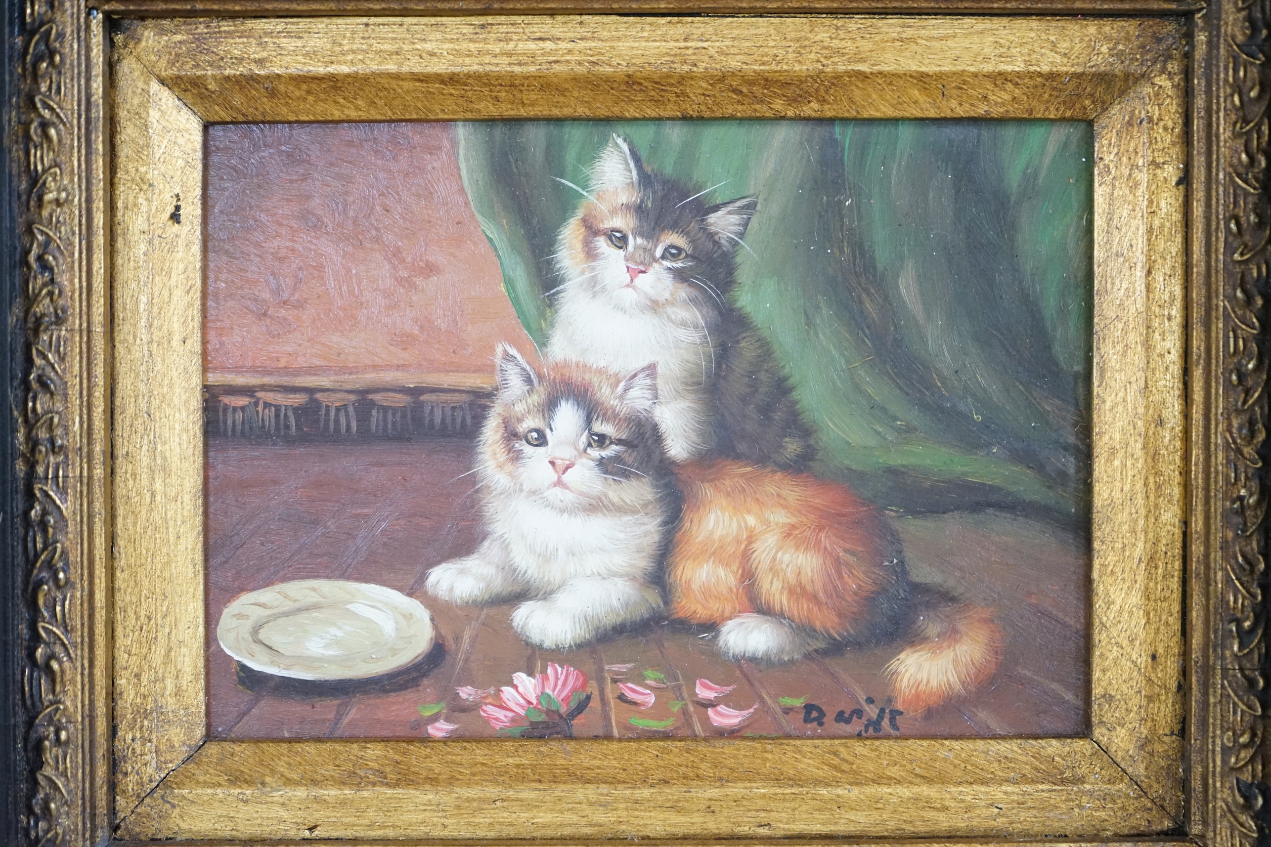 After Henrietta Ronner, contemporary oil on board, Study of two cats, indistinctly signed, 11.5 x 16.5cm, housed in an ebonised and gilt frame. Condition - good, frame poor